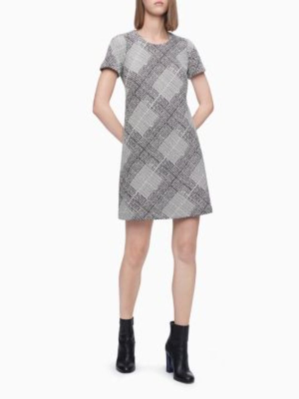 Calvin Klein Black & White Plaid Knit A-Line Dress Size 6 Gold Zip